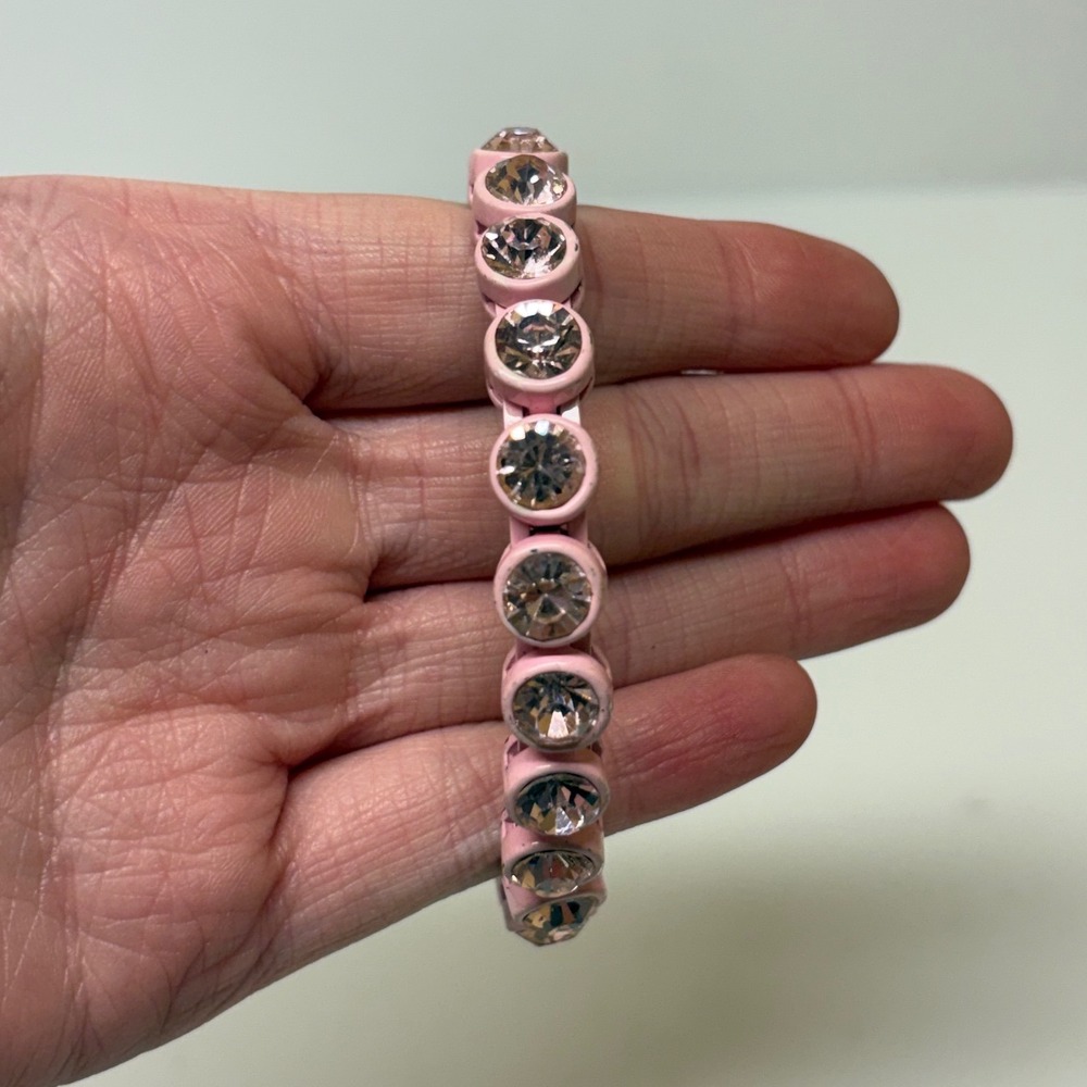 Pink Enamel Crystal Tennis Bracelet Round Cut Magnetic Closure 6.75 Inch